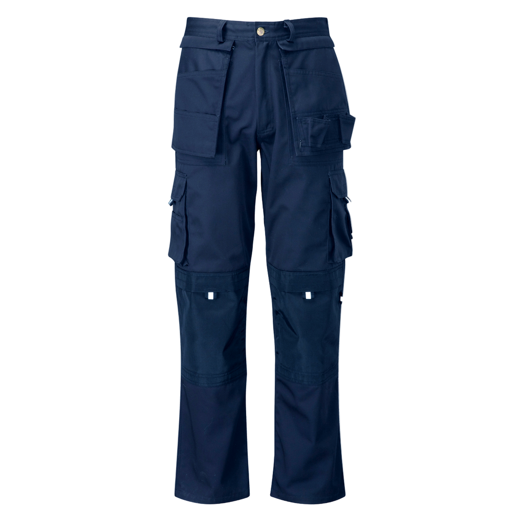 Navy blue cargo pants on a white background