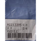 Clothing label with size and code information on a blue fabric background