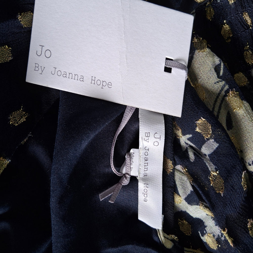Navy fabric with gold and white patterns and JO by Joanna Hope labels.
