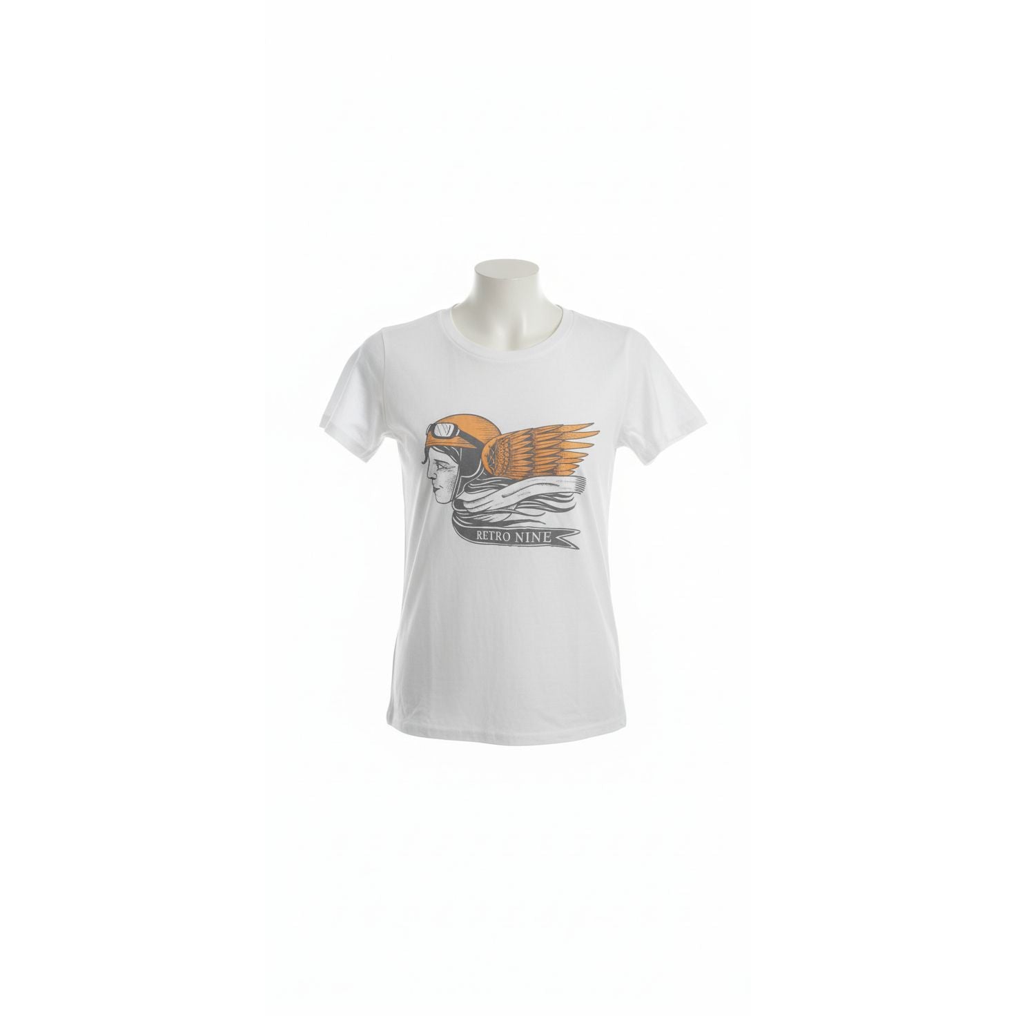 White t-shirt with a graphic design hanging on a door handle against a tiled wall.