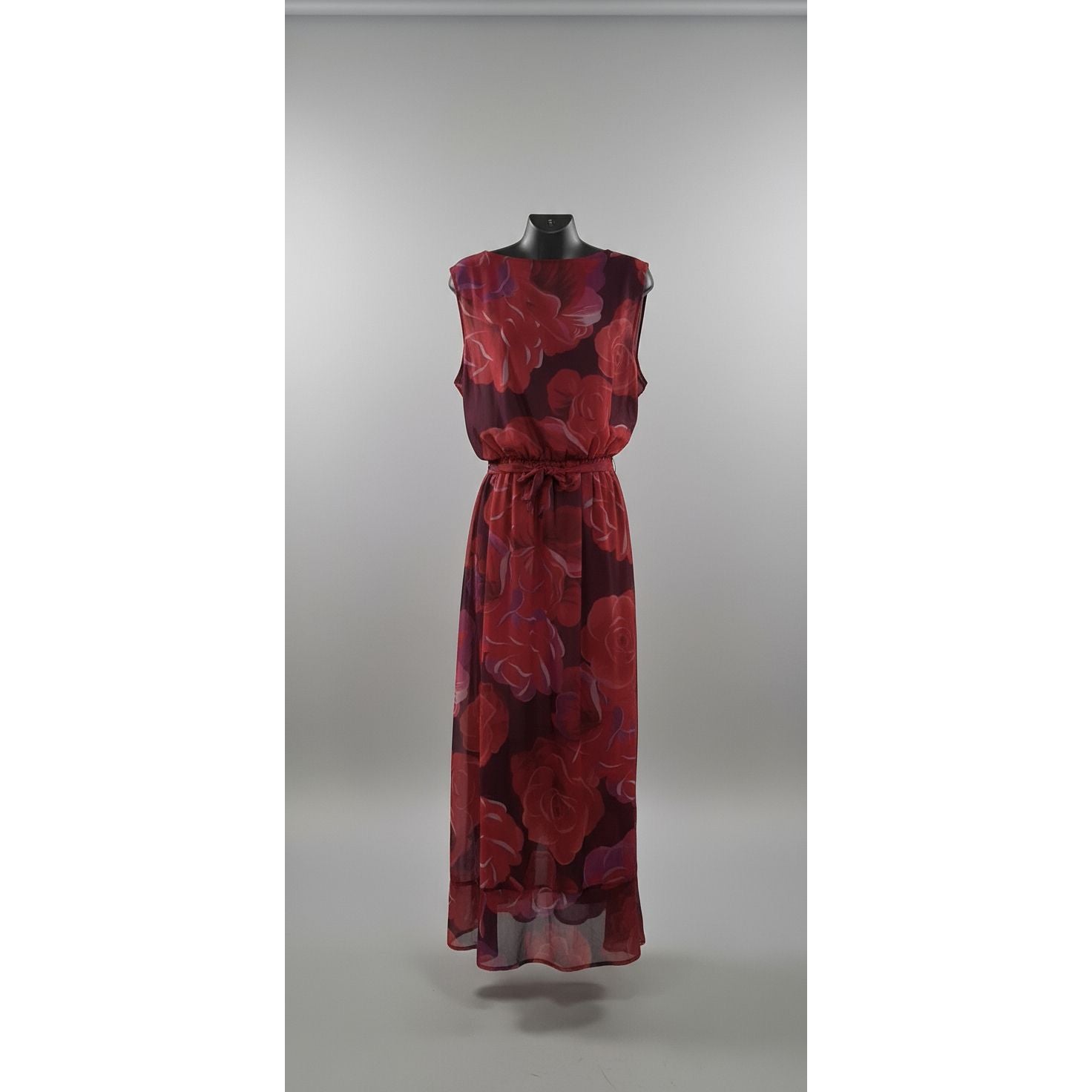 Red sofa in a room with geometric wall patterns