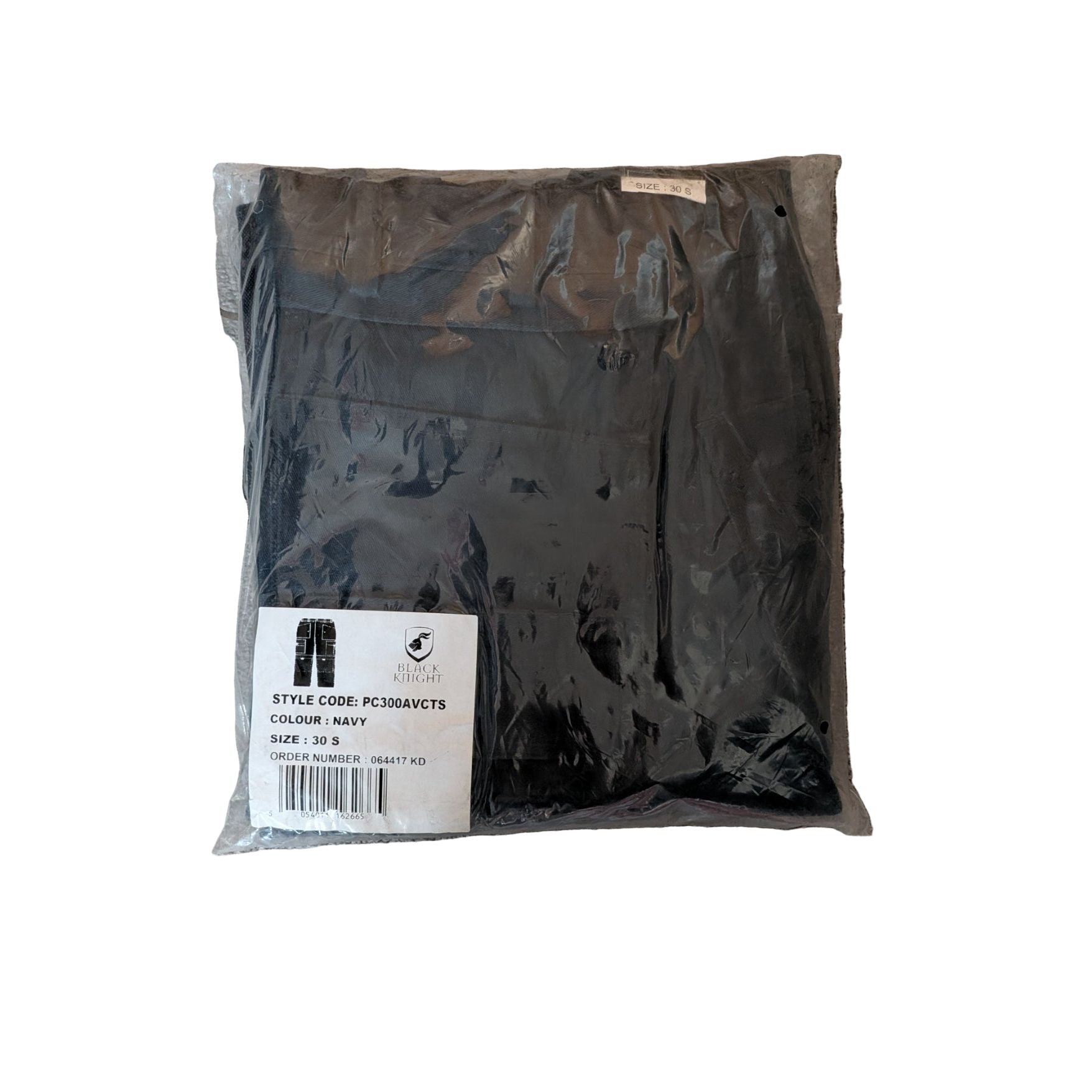 Packaged black jacket with a label on a gray surface