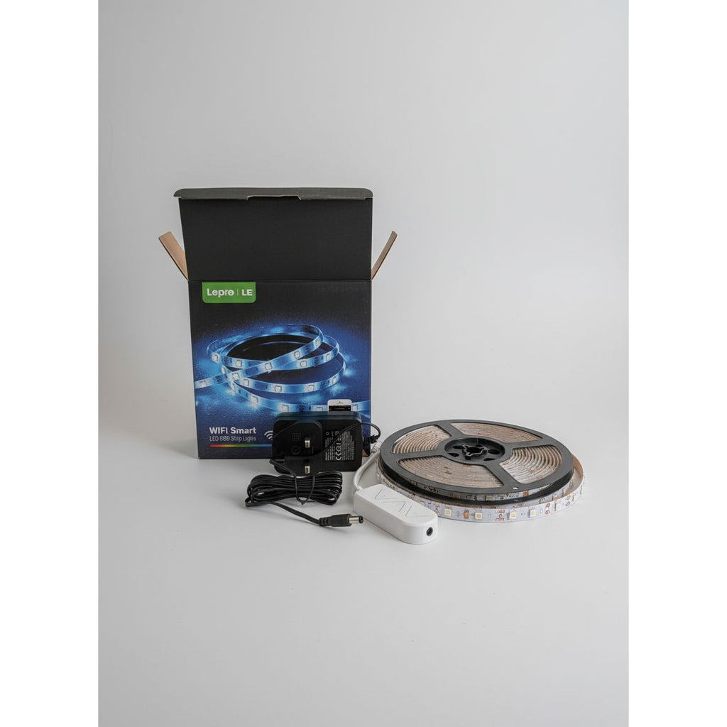 LEPRO LED strip light set with packaging and accessories on a desk.