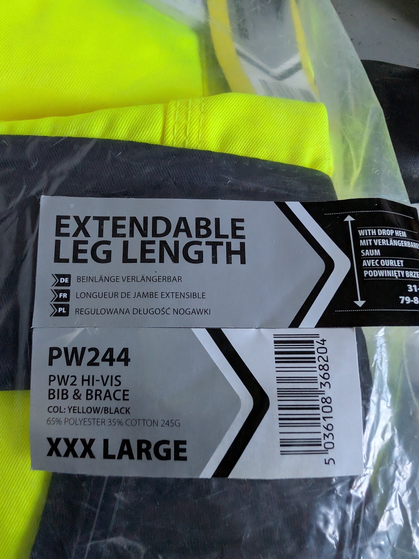 Portwest PW244 Hi-Vis Bib and Brace with Adjustable Hem (Yellow/Black) 3XL