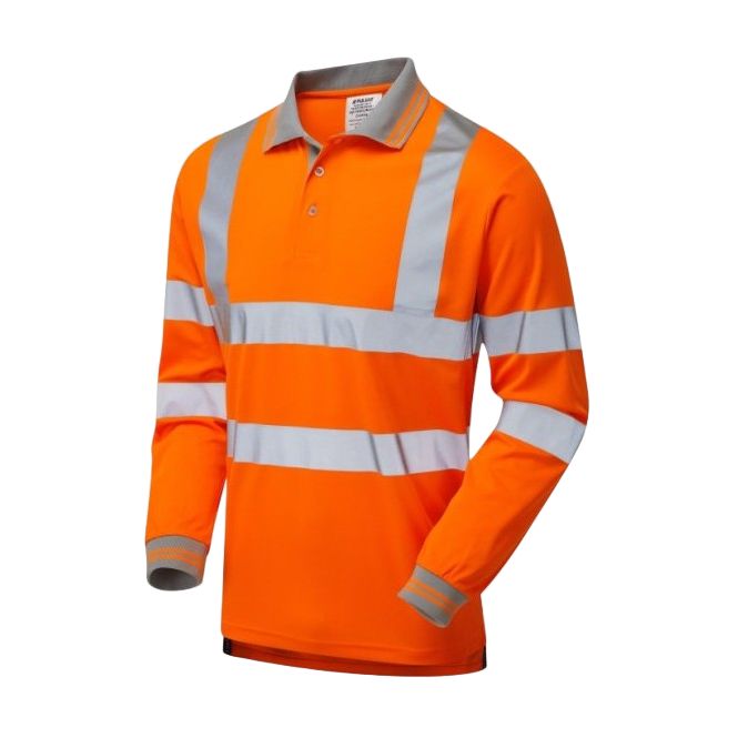 Orange long-sleeve polo shirt with reflective stripes on a white background