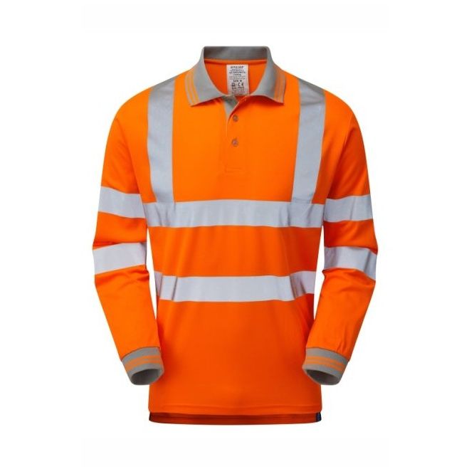 Orange high-visibility long-sleeve polo shirt with reflective stripes on a white background