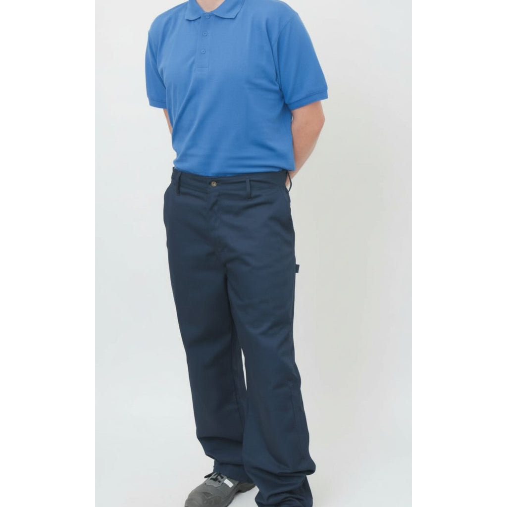 Person wearing a blue polo shirt and navy pants on a white background
