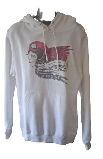 White hoodie with graphic design on a mannequin