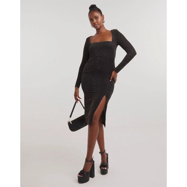 Gold Glitter Long Sleeve Square Neck Split Front Superstretch Midi Dress