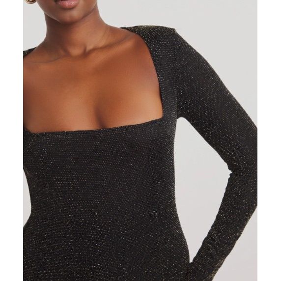 Gold Glitter Long Sleeve Square Neck Split Front Superstretch Midi Dress