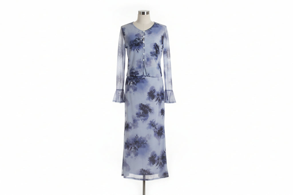 Ladies Blue Flowered Dress & Jacket Small