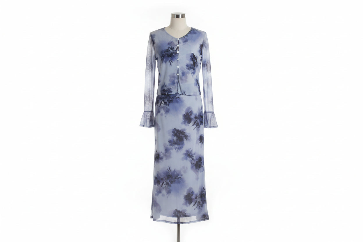 Ladies Blue Flowered Dress & Jacket Small