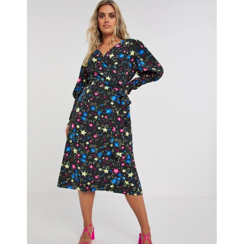 Black Cosmic Print Wrap Midi Dress with Shirred Cuff UK 10