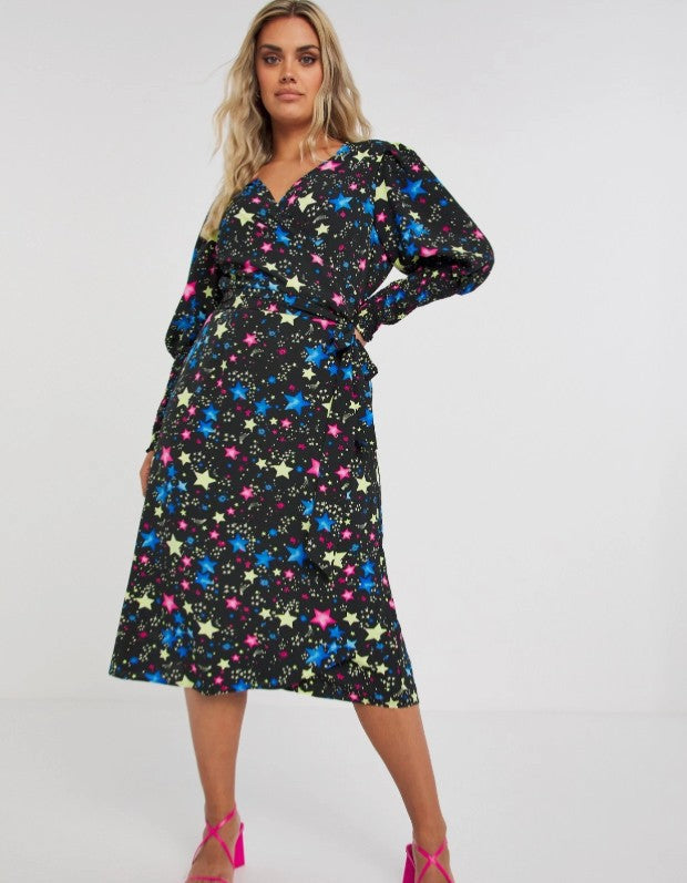 Black Cosmic Print Wrap Midi Dress with Shirred Cuff UK 10