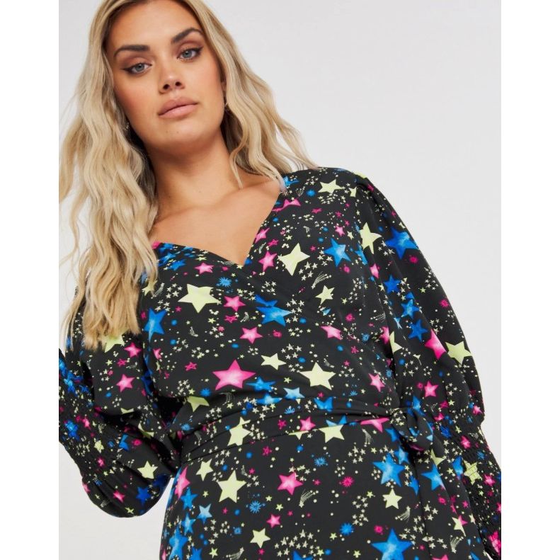 Black Cosmic Print Wrap Midi Dress with Shirred Cuff UK 10