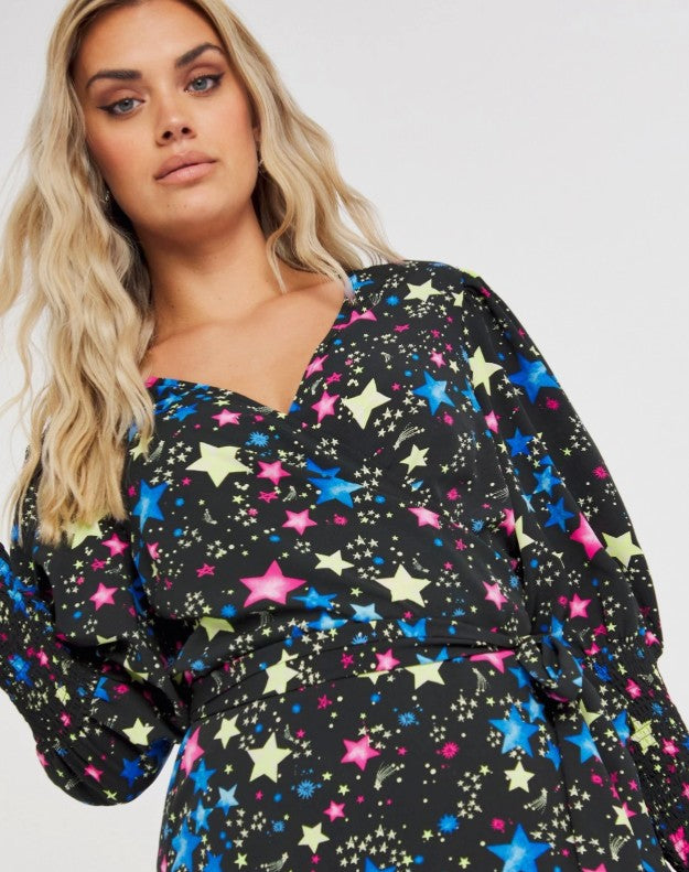 Black Cosmic Print Wrap Midi Dress with Shirred Cuff UK 10