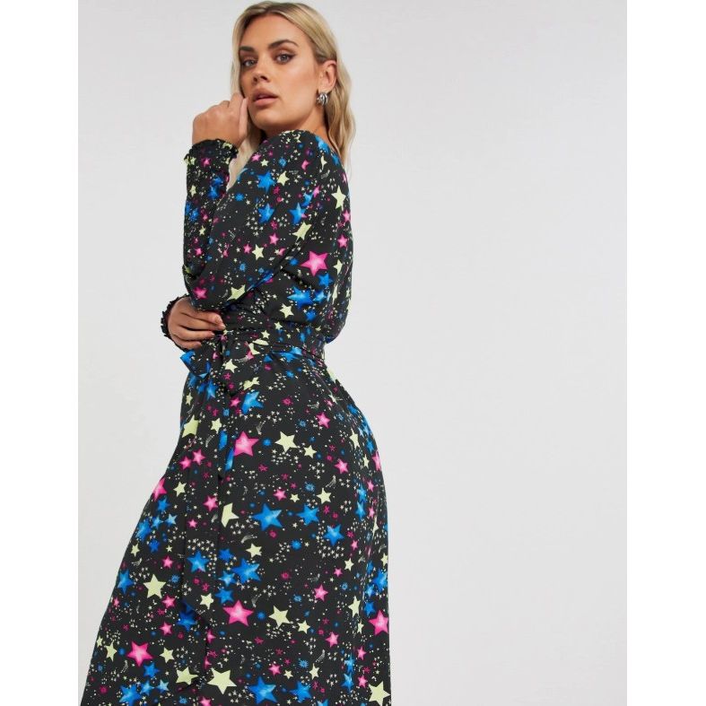 Black Cosmic Print Wrap Midi Dress with Shirred Cuff UK 10