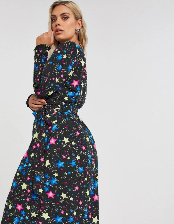 Black Cosmic Print Wrap Midi Dress with Shirred Cuff UK 10