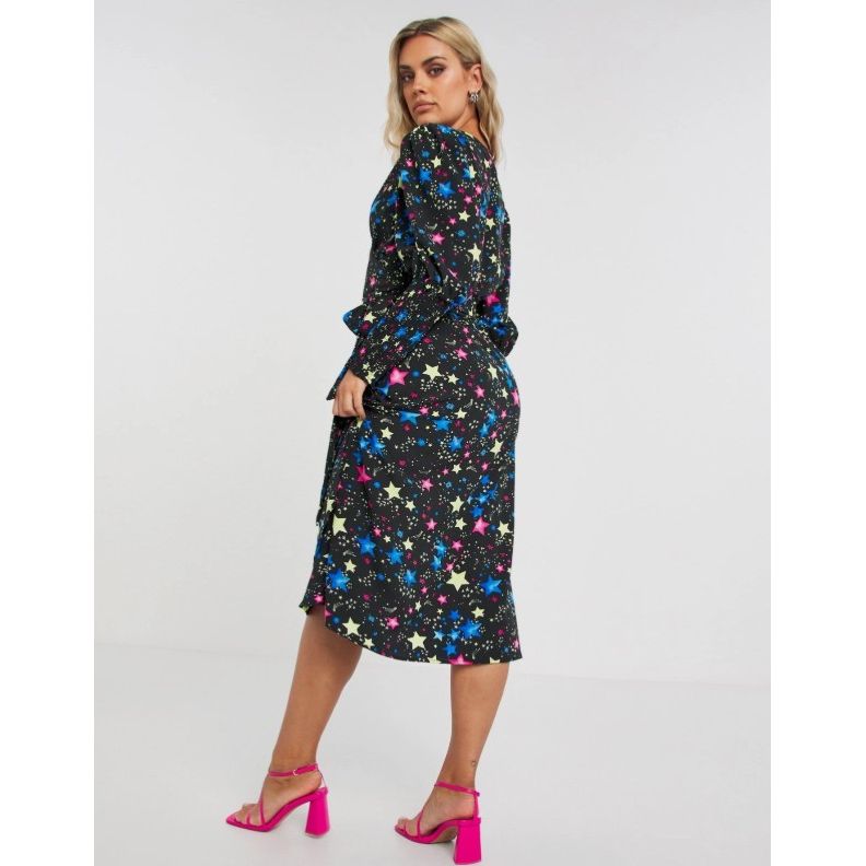Black Cosmic Print Wrap Midi Dress with Shirred Cuff UK 10