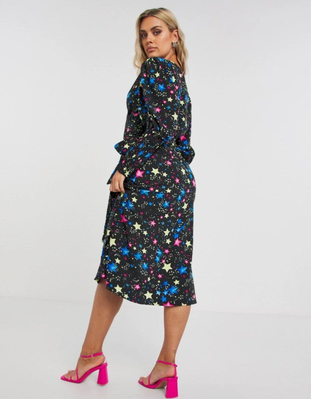 Black Cosmic Print Wrap Midi Dress with Shirred Cuff UK 10