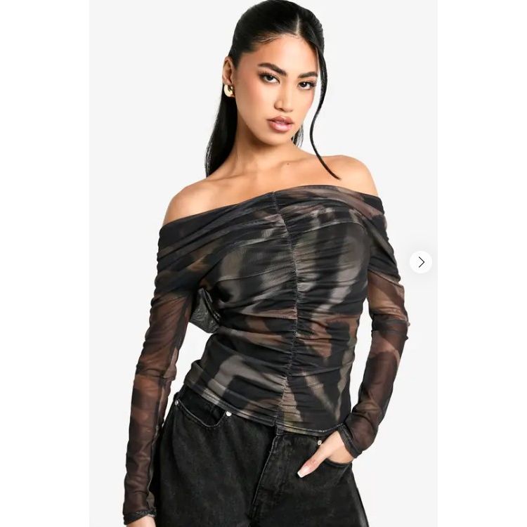 Boohoo Animal Ruched Front Bardot Top - Brown