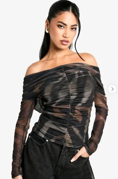 Boohoo Animal Ruched Front Bardot Top - Brown