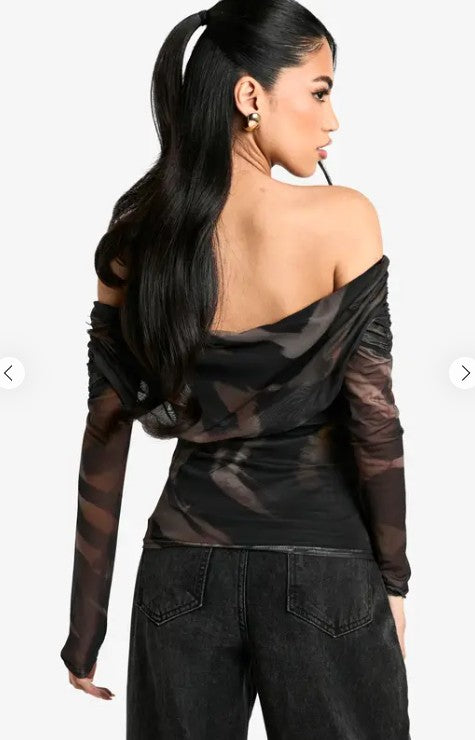 Boohoo Animal Ruched Front Bardot Top - Brown