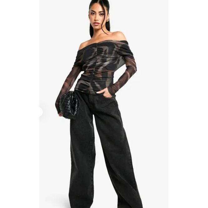 Boohoo Animal Ruched Front Bardot Top - Brown