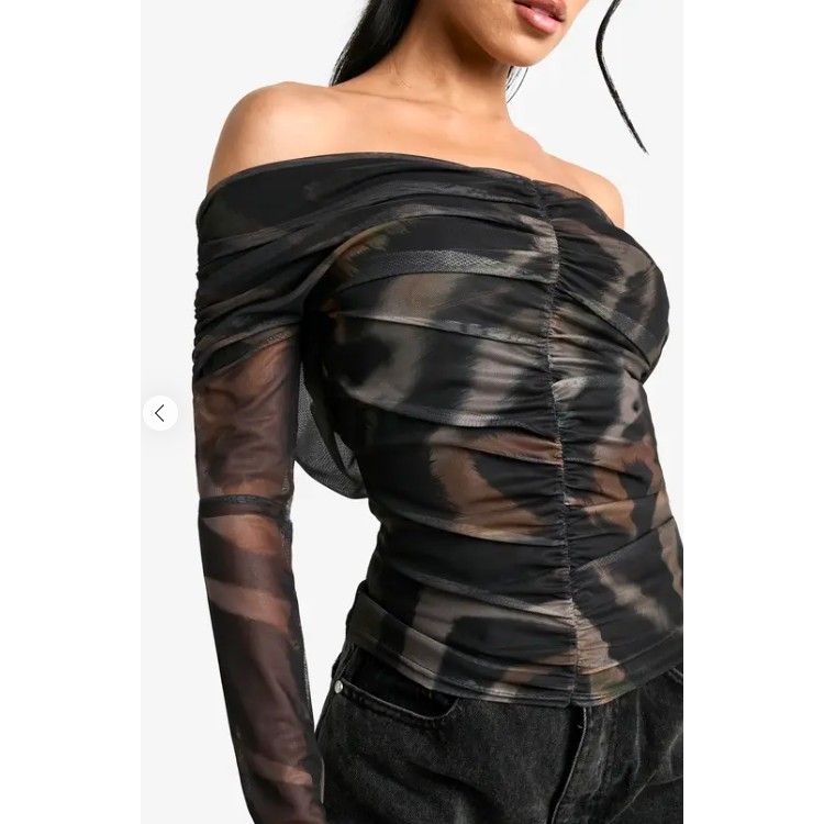 Boohoo Animal Ruched Front Bardot Top - Brown