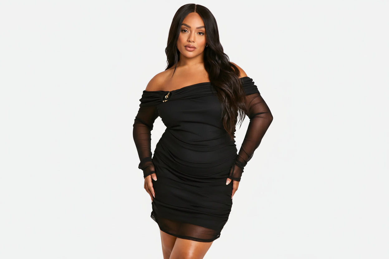 boohoo Plus Mesh Trim Detail Off Shoulder Ruched Mini Dress