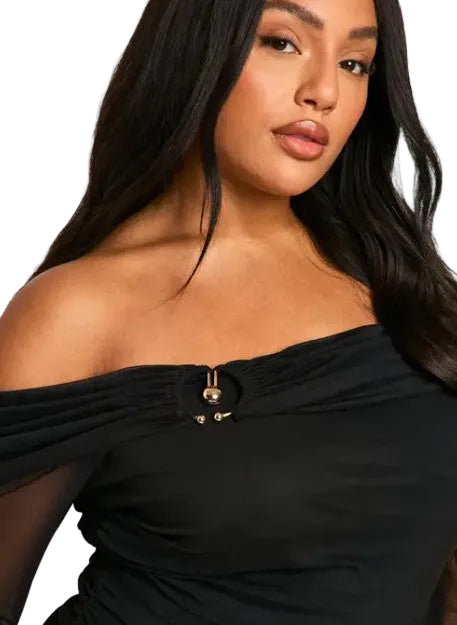 boohoo Plus Mesh Trim Detail Off Shoulder Ruched Mini Dress