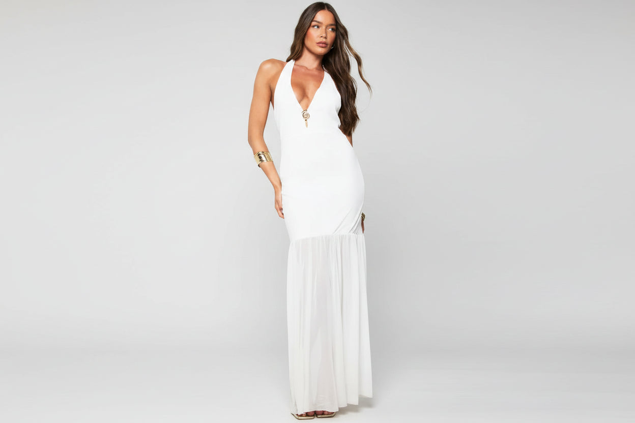 boohoo Mesh Halter Neck Gold Trim Maxi Dress UK14