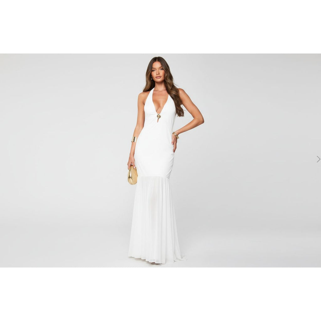 boohoo Mesh Halter Neck Gold Trim Maxi Dress UK14