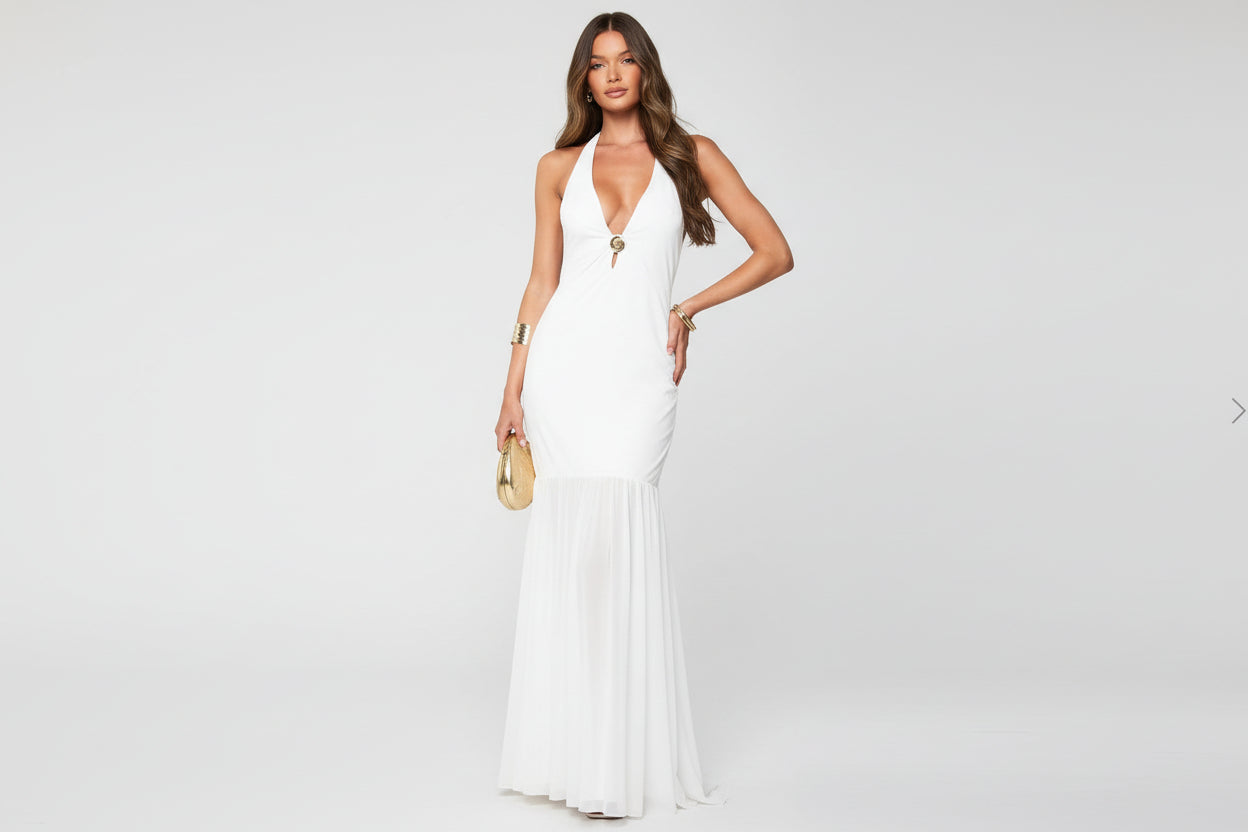 boohoo Mesh Halter Neck Gold Trim Maxi Dress UK14