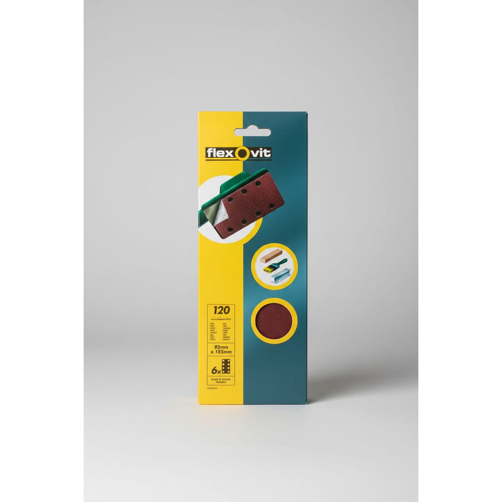 1 Box (20 Packs of 6) Flexovit Sanding Sheets 120 Grit 93x185mm