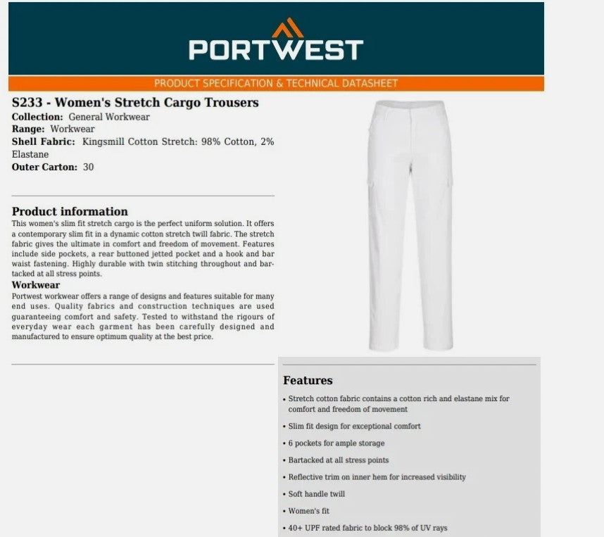 Portwest Women's Stretch Cargo Trousers Slim Fit SIZE 40" UK22