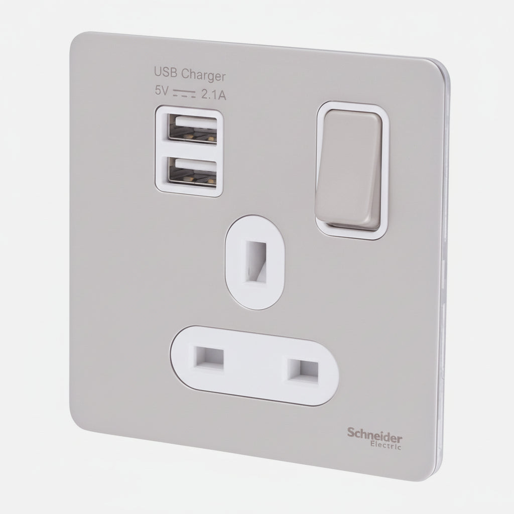 Schneider Screwless Single Socket 2 x USB Pearl Nickel, White Insert