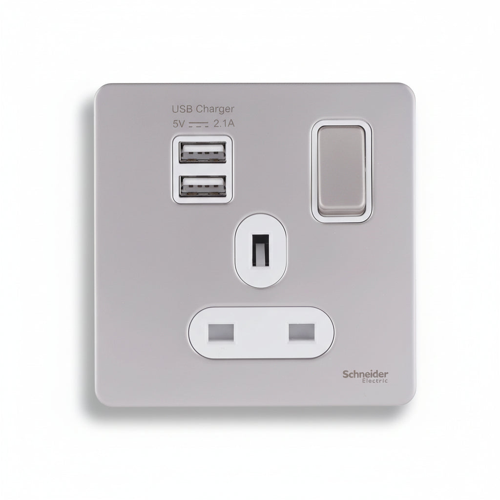 Schneider Screwless Single Socket 2 x USB Pearl Nickel, White Insert