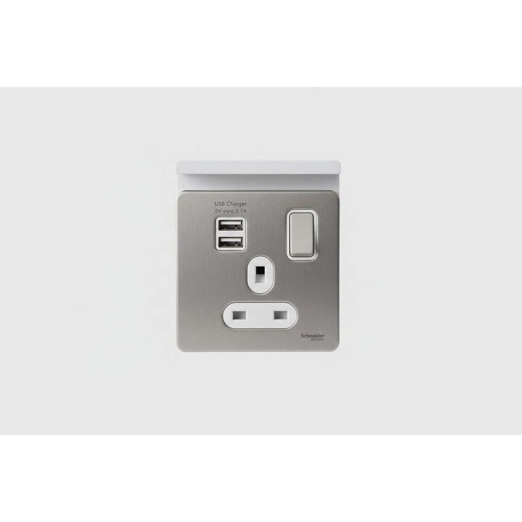 Schneider Screwless Single Socket 2 x USB Pearl Nickel, White Insert