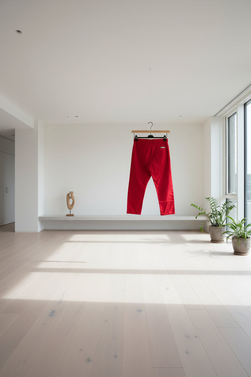 Bright red men's trousers hanging from a black hanger against a plain light gray background.