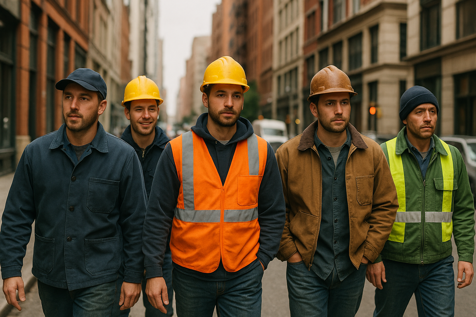 people wearing workwear walking down a city street