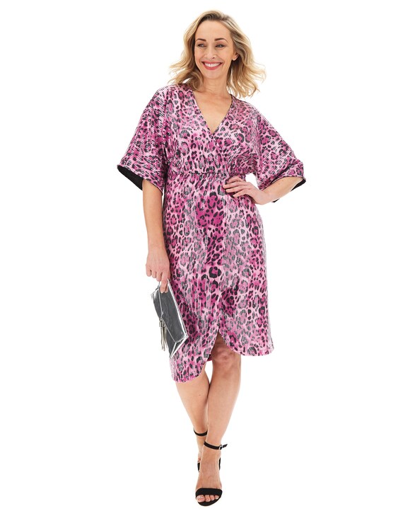 Pink Leopard Print Sequin Wrap Dress UK20