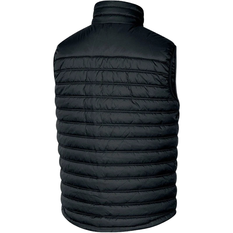 Black puffer vest on a white background