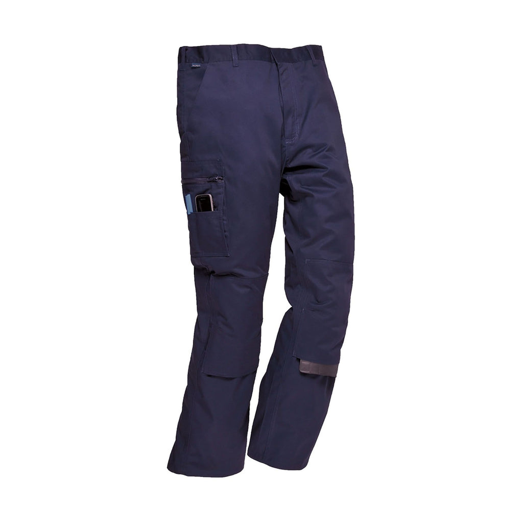 Navy blue pants with multiple pockets on a white background