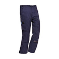 Navy blue pants with multiple pockets on a white background