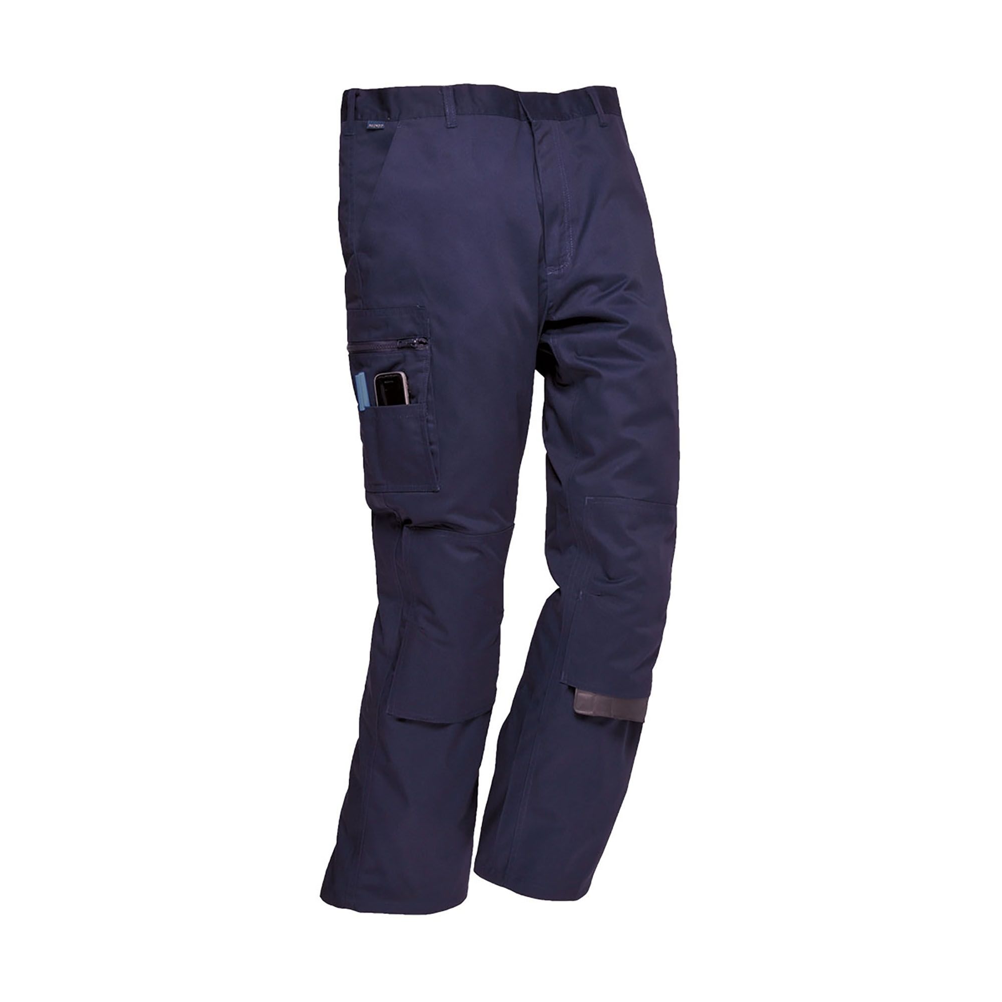 Navy blue pants with multiple pockets on a white background