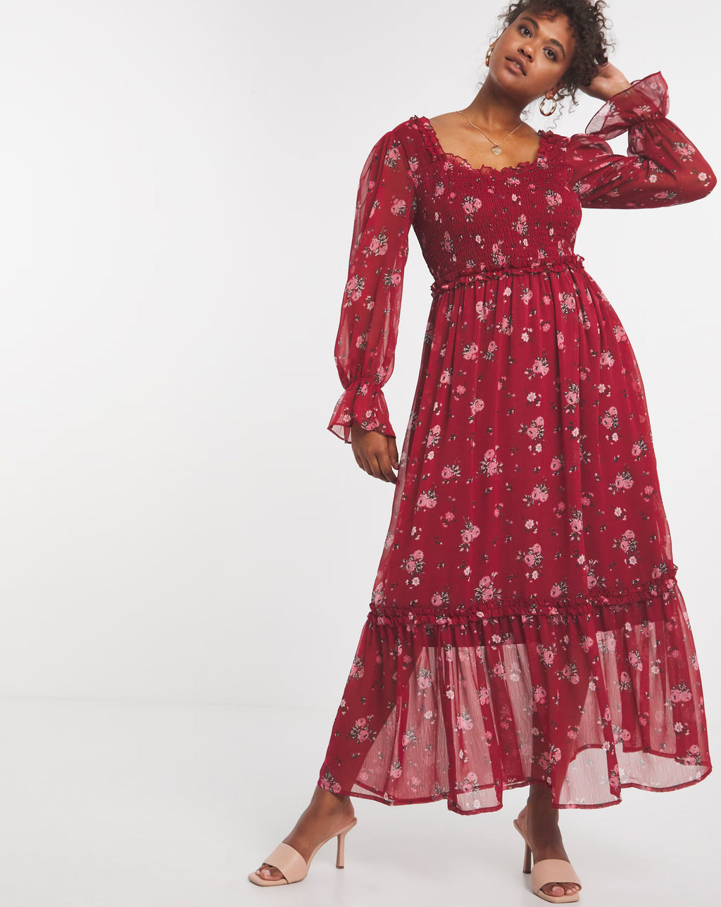 Floral Sweetheart Tiered Chiffon Long Sleeve Maxi Dress UK10