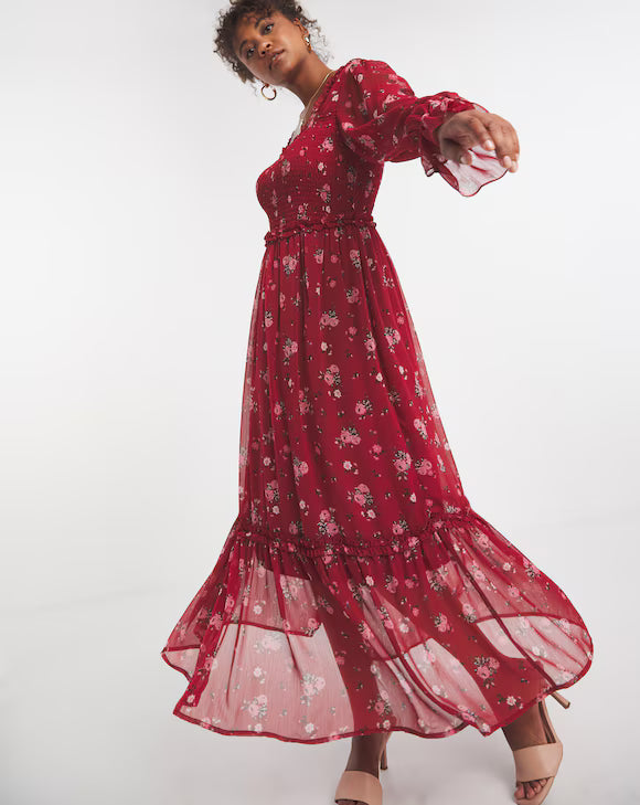 Floral Sweetheart Tiered Chiffon Long Sleeve Maxi Dress UK10