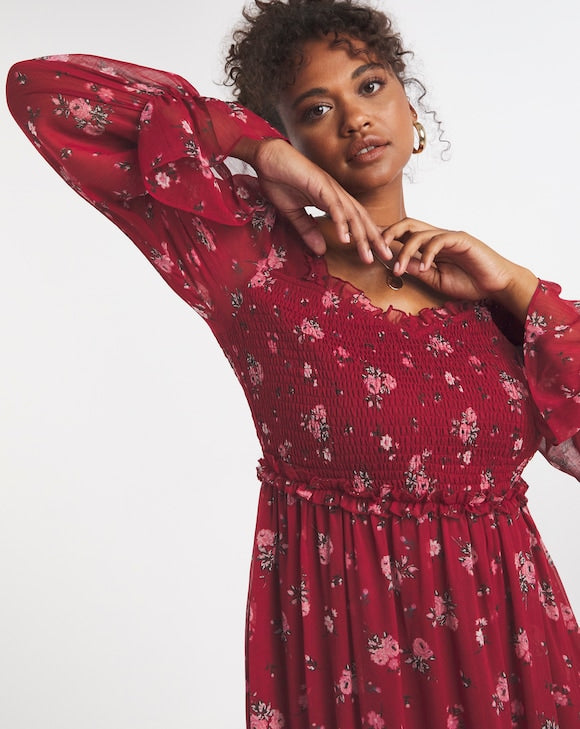 Floral Sweetheart Tiered Chiffon Long Sleeve Maxi Dress UK10