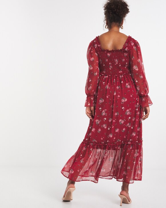 Floral Sweetheart Tiered Chiffon Long Sleeve Maxi Dress UK10